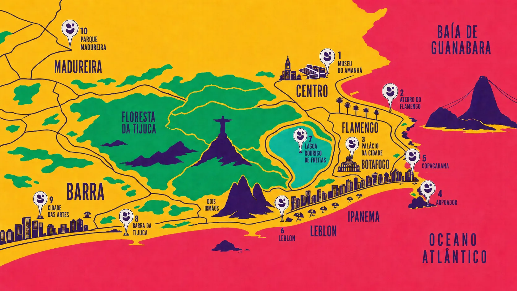 Mapa ilustrado do Rio de Janeiro com os dez territórios do Wellness Festival: Museu do Amanhã, Aterro do Flamengo, Palácio da Cidade, Arpoador, Copacabana, Leblon, Lagoa Rodrigo de Freitas, Barra da Tijuca, Cidade das Artes e Parque Madureira.